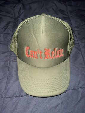 Olive Green Trucker Hat with Red "Can't Relate" Embroidery